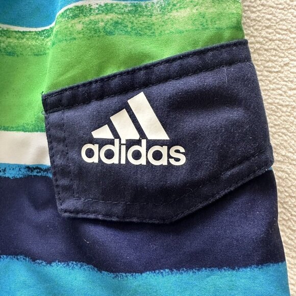 Adidas Boys Striped Swim Trunks M Green Blue Elastic Waistband Beach Resort Vaca - Picture 3 of 4